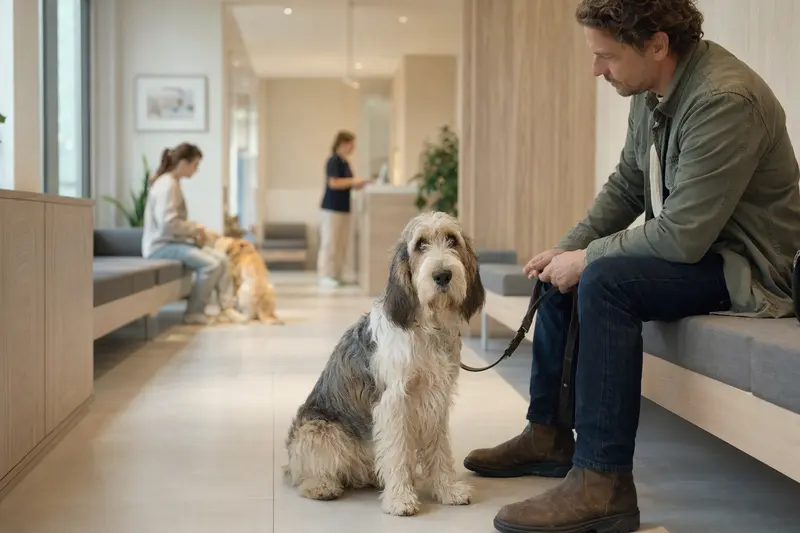 Ein Basset Griffon Vendeen sitzt ruhig neben seinem Besitzer im hellen Wartezimmer einer modernen Tierarztpraxis.
